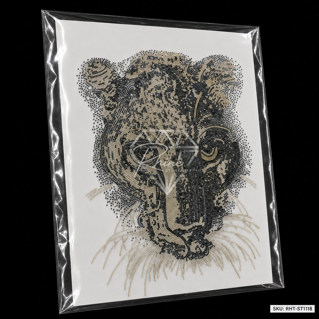Leopard Panther Head Rhinestone Hotfix Sticker | Black & Gold Iron-On Transfer