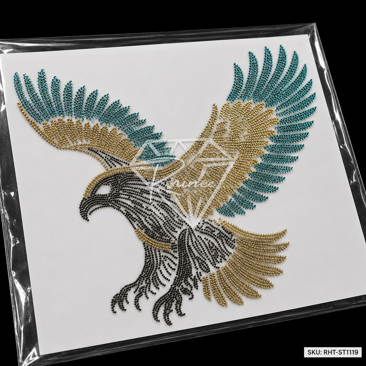 Eagle Rhinestone Hotfix Sticker | Teal & Silver Iron-On Transfer for T-Shirts & Apparel