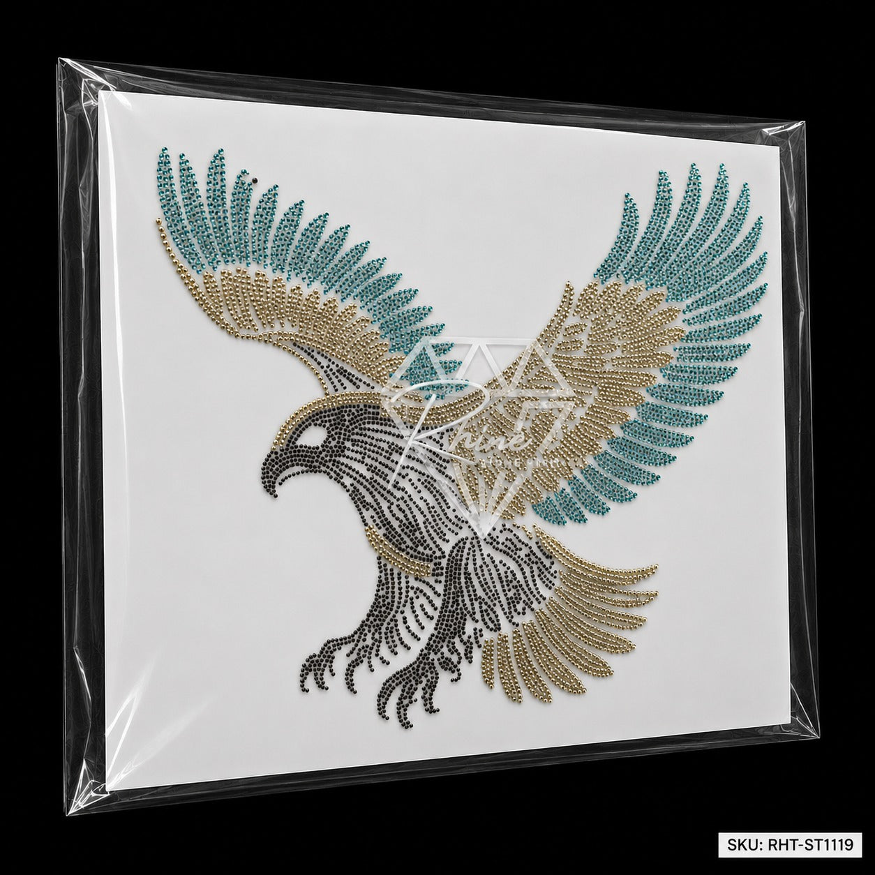 Eagle Rhinestone Hotfix Sticker | Teal & Silver Iron-On Transfer for T-Shirts & Apparel