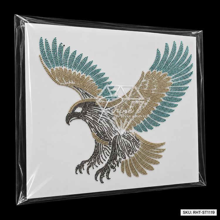 Eagle teal & silver hotfix rhinestone heat transfer sticker