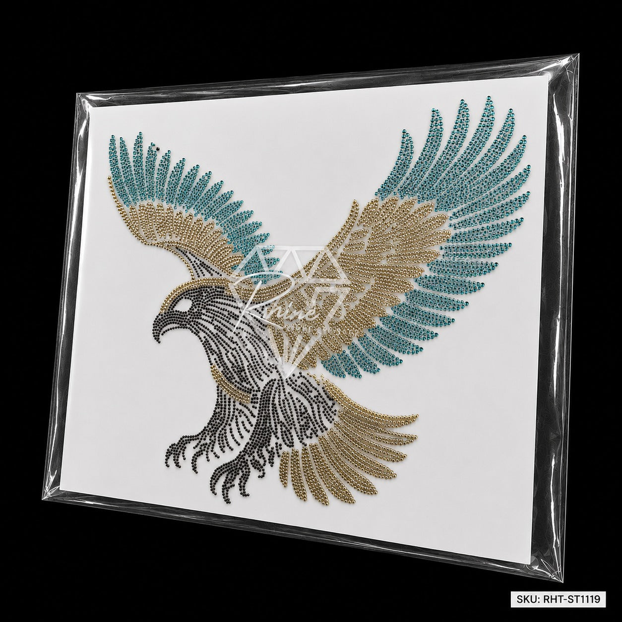 Eagle Rhinestone Hotfix Sticker | Teal & Silver Iron-On Transfer for T-Shirts & Apparel