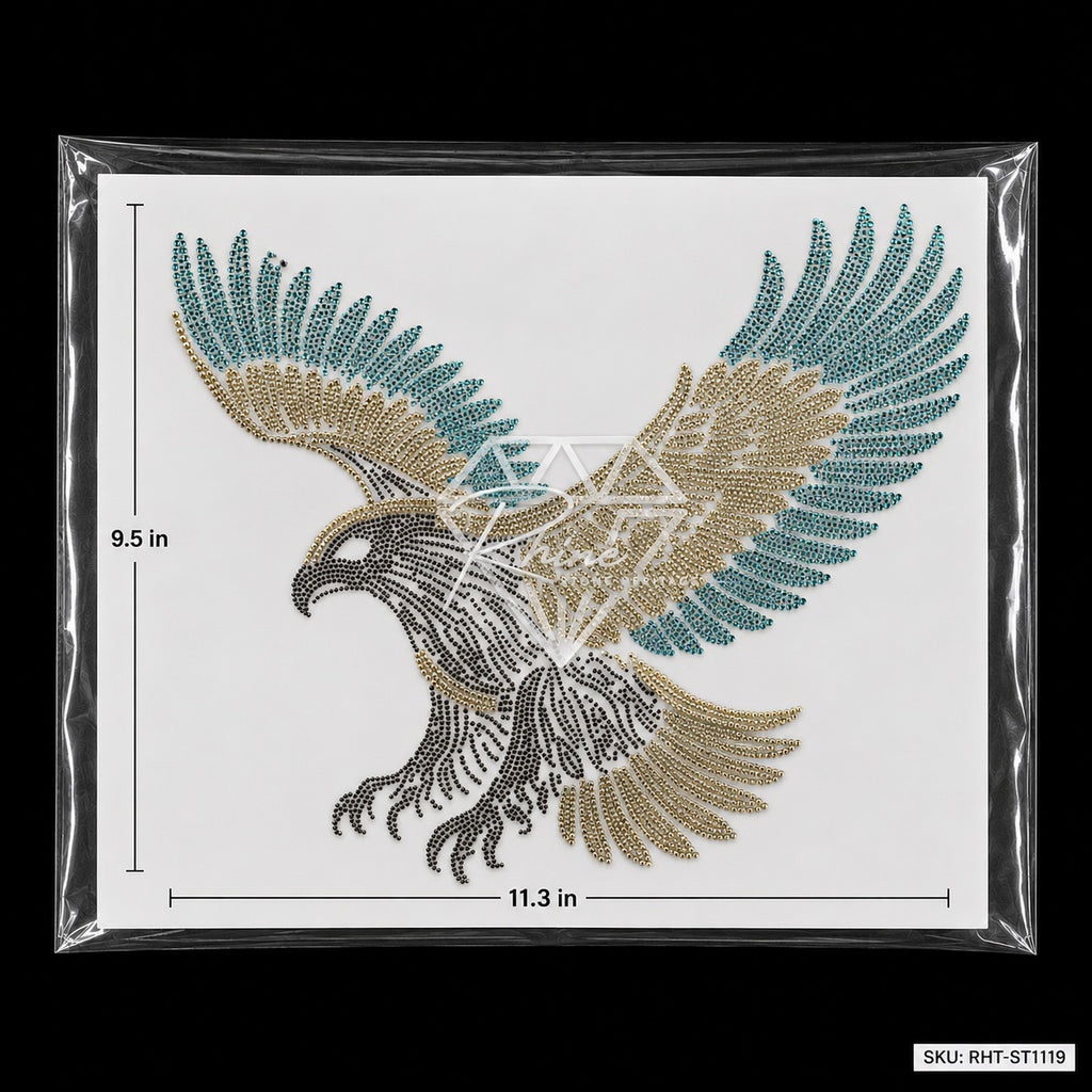 Eagle Rhinestone Hotfix Sticker | Teal & Silver Iron-On Transfer for T-Shirts & Apparel