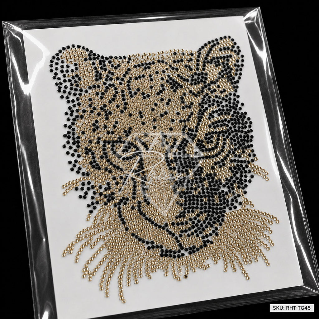 Tiger Leopard Head Rhinestone Hotfix Sticker | Gold & Black Iron-On Transfer