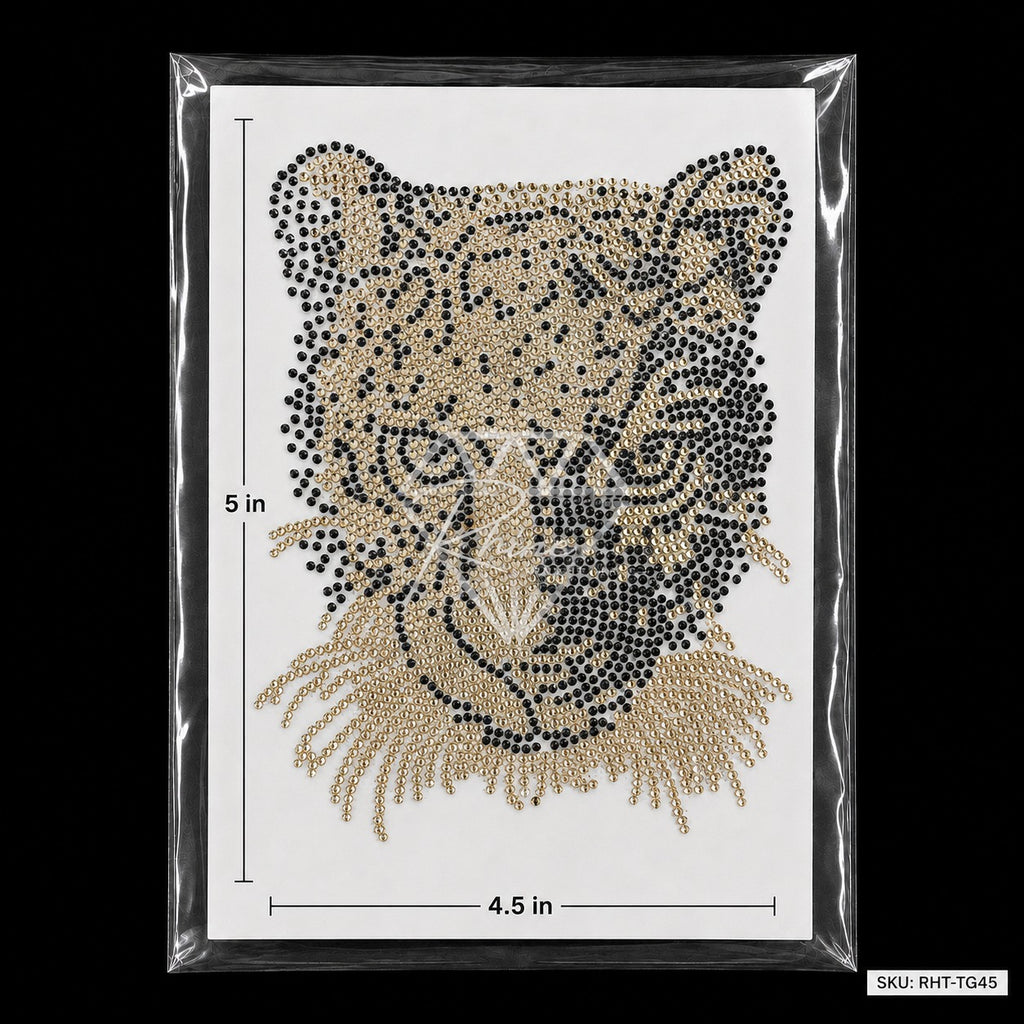 Tiger Leopard Head Rhinestone Hotfix Sticker | Gold & Black Iron-On Transfer