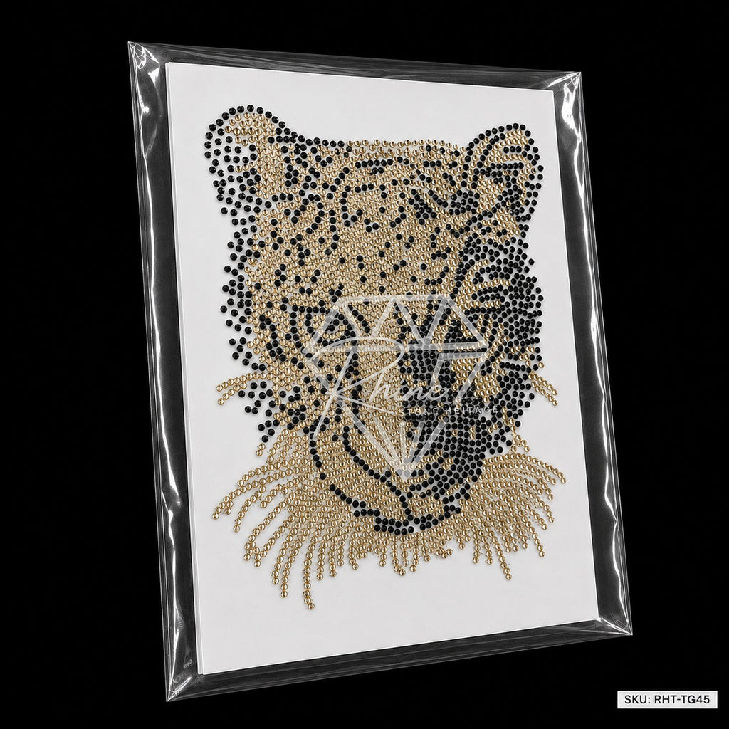 Tiger Leopard Head Rhinestone Hotfix Sticker | Gold & Black Iron-On Transfer