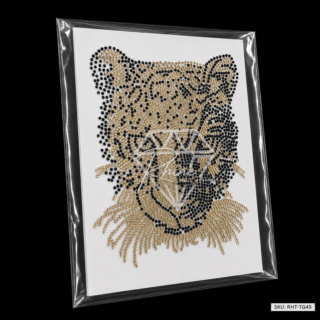 Tiger Leopard Head Rhinestone Hotfix Sticker | Gold & Black Iron-On Transfer
