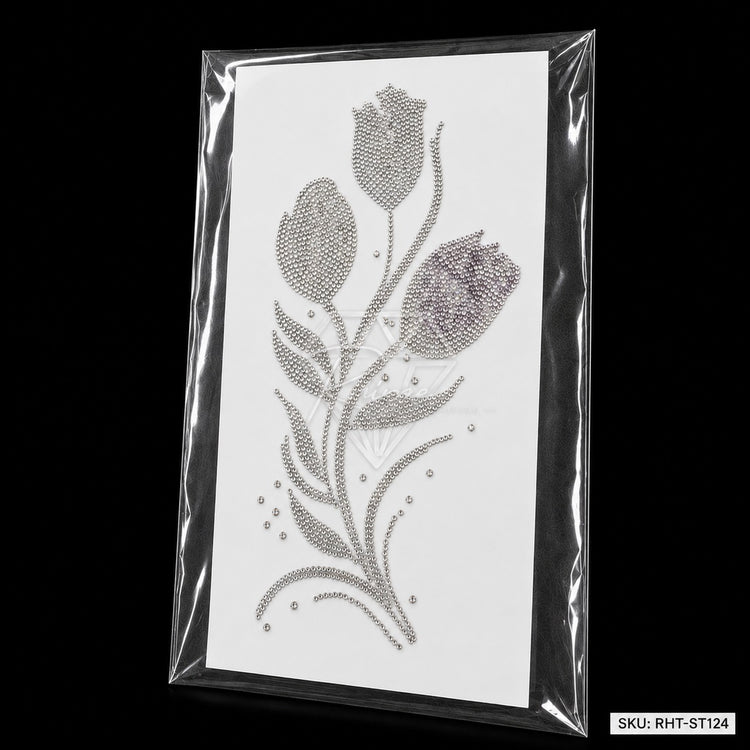 Triple Tulip Rhinestone Hotfix Sticker | Silver Iron-On Transfer for Men's Shirts | Set of 2
