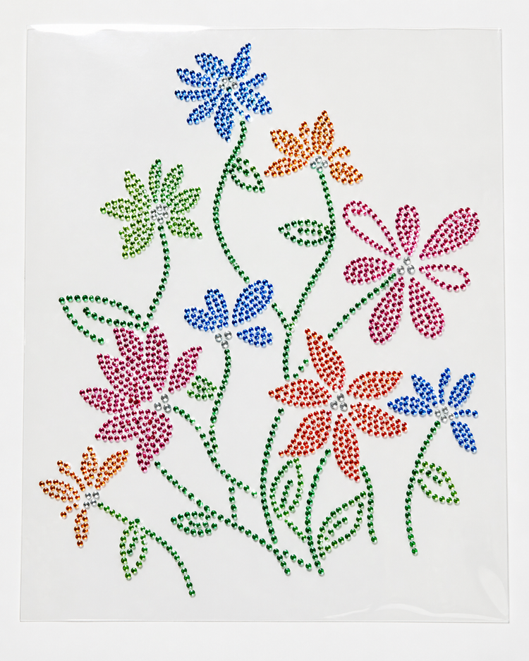 Multicolor floral rhinestone heat transfer sticker with colorful flowers and green stems for apparel decoration.