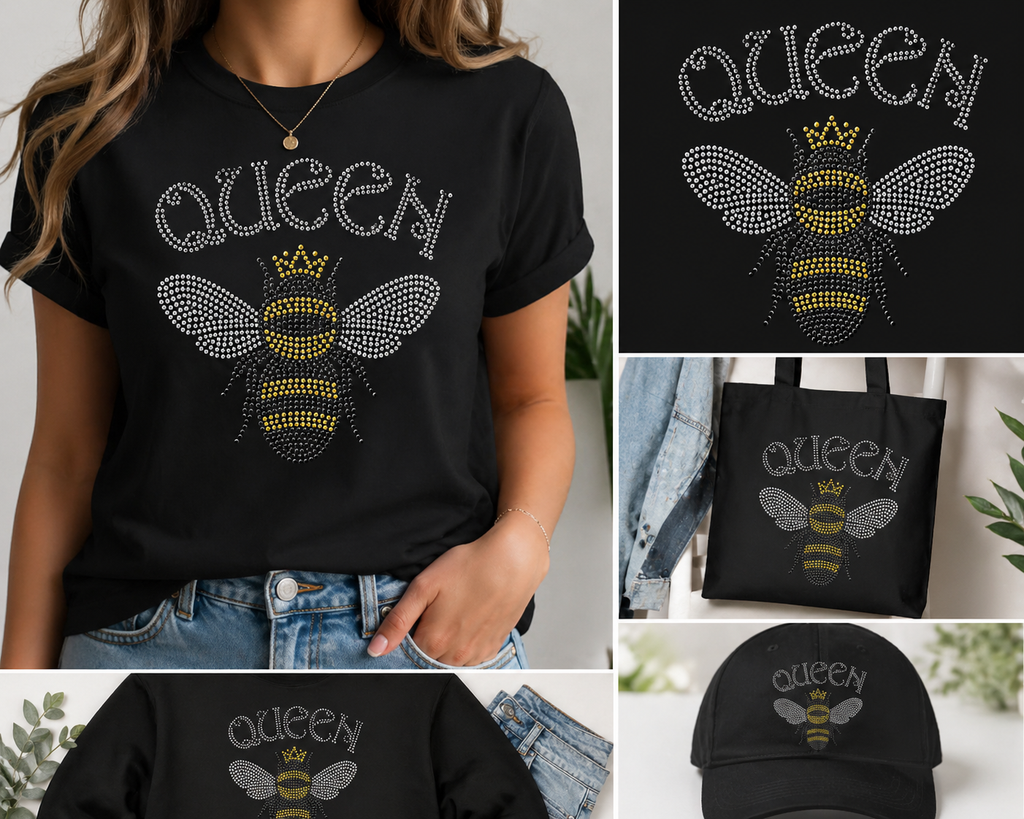 Queen Bee rhinestone sticker heat transfer design for T-shirts and fashion apparel