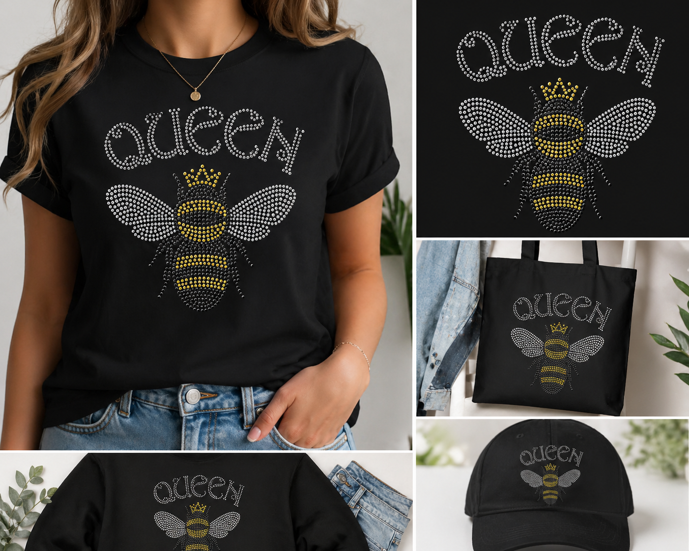 Queen Bee rhinestone sticker heat transfer design for T-shirts and fashion apparel