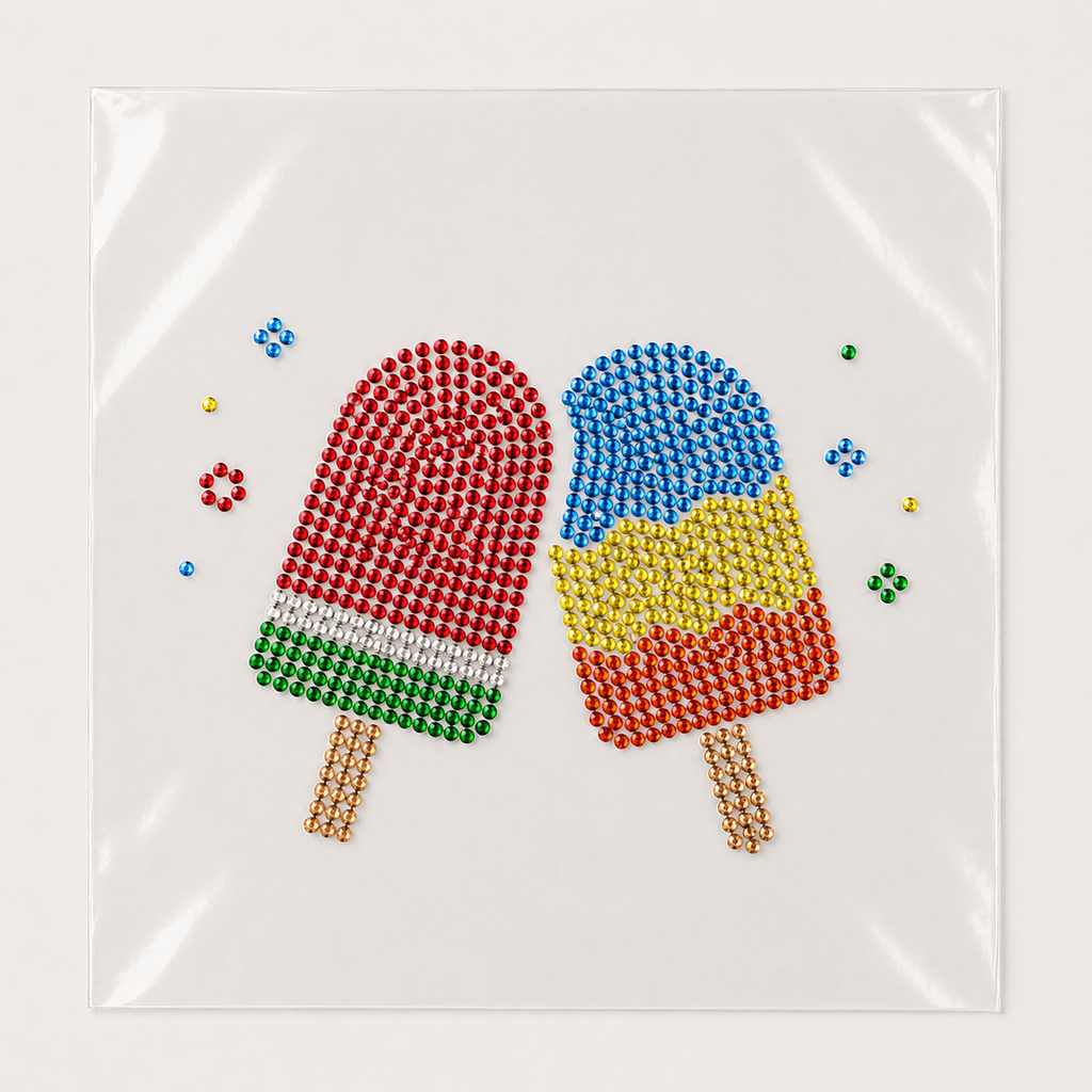 Colorful ice cream rhinestone heat transfer sticker made with glass crystal stones for T-shirts, kidswear, bags, and apparel decoration.
