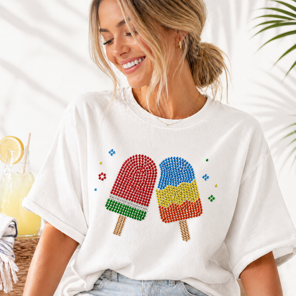 Colorful ice cream rhinestone heat transfer sticker made with glass crystal stones for T-shirts, kidswear, bags, and apparel decoration.
