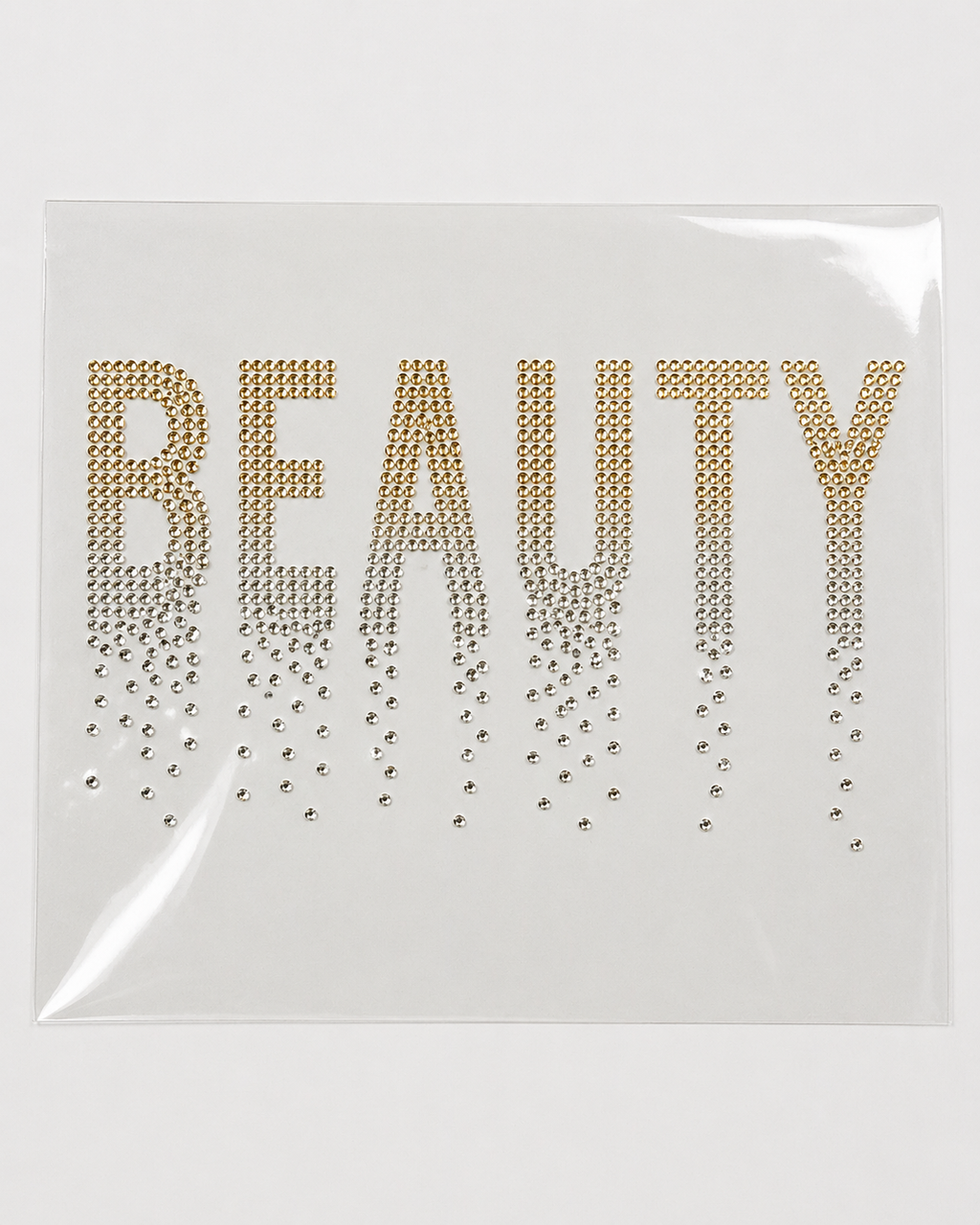 Beauty gold and clear crystal rhinestone heat transfer sticker for T-shirts, hoodies, salon wear, and apparel decoration.